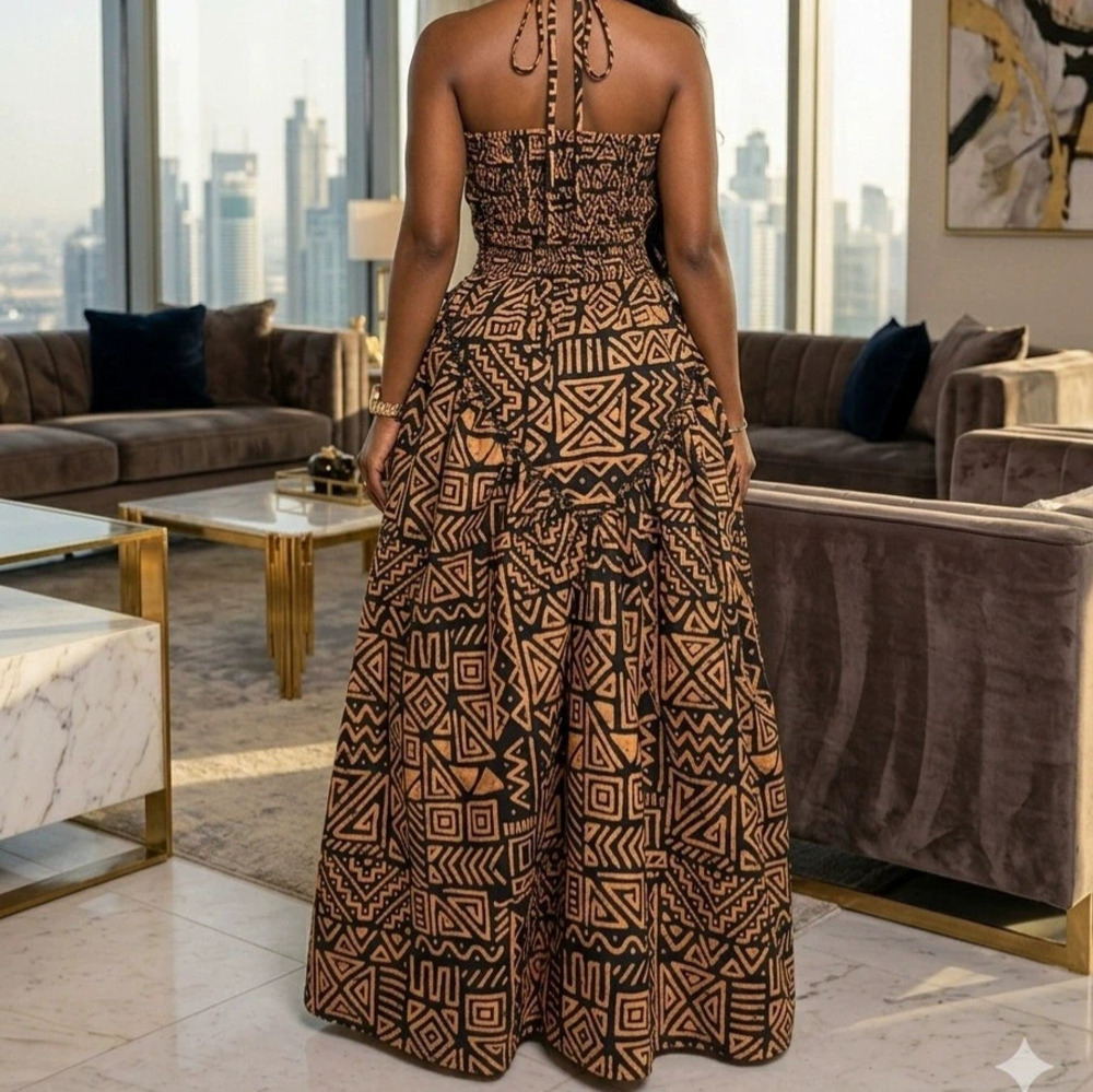 Sexy African Print Sleeveless Halter Neck Cutout Flared Maxi Dress